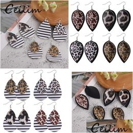 Charm Fashion Designer Leaf Water Drop Pu Leather Earrings For Women Leopard Stripes Double Layer Dangle Party Jewellery Delive Dhytv