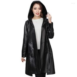 Women's Leather 2023 Genuine Jacket Women Sheepskin Coat Spring Loose Casual Wine Red Mid-Length Hooded Long Sleeved Trench