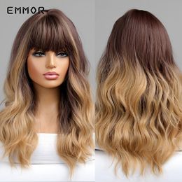 Synthetic Ombre Black to Blonde Wig with Bangs for Women Natural Long Wavy Cosplay Hairstyle Heat Resistant Hair Wigsfactory