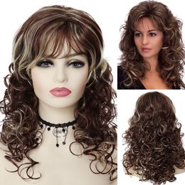 Synthetic Wig for Woman Long Brown Culry Wigs with Bangs Blonde Highlights Hair Fashion Hairstyles Natural Wig Femalefactory di