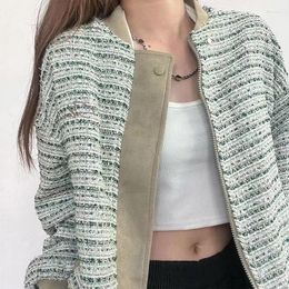 Women's Jackets Korean Style Loose Tweed Jacket Double Side Wearable Women Couple Coat Ladies Zip Outwear With Pockets