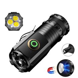 Portable Mini Flashlight Torch 2000LM 3 P35 Strong Light Bead Rechargeable 18350 Battery Type-C Outdoor Lamp IP68 Waterproof Hiking Camping With Magnet
