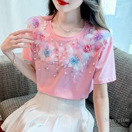 Women's T Shirts Short-Sleeved Cotton Tshirt Women's Summer Tees 2023 Three-Dimensional Flower Loose Beautiful T-shirt Chic Beaded Tops