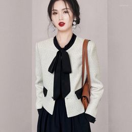 Damenjacken Elegante Schnür-Bogen-Tweed-Jackenmantel-Frauen-koreanische Art- und Weisekontarst-Farben-lange Hülsen-Büro-OL-Wollmischung-kurze Oberbekleidung