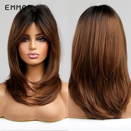 Synthetic Ombre Black to Brown Wig With Bangs Hair Wigs Cosplay Natural Heat Resistant Wigs for Women Daily Hair Wigsfactory d