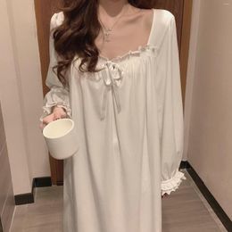 Women's Sleepwear White Night Dress Women Korean Style Ruffles Pajamas Long Sleeve Solid Wears For Loose Nightgown Sleep Ladies