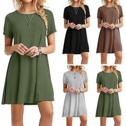 Womens Summer Short Sleeves Midi Swing T-Shirt Dress Plain Solid Color Crew Neck Casual Loose Pullover Tunic