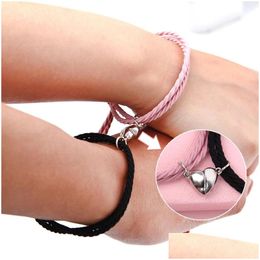Charm Bracelets 2Pcs Couple Minimalist Heart Friendship Bracelet Hair Rope Braided Magnetic Distance Lovers Matching Drop Delivery Je Dhwec
