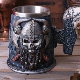 Mugs Viking Resin Stainless Steel Beer Mug Pirate Stein Creative Tankard Skull Coffee Cup Tea Mug Tumbler Pub Bar Decor Drop 230609