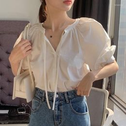 Women's Blouses French Gentle O Neck Ribbon Female Blouse Loose Casual All-match Blusa 2023 Summer Solid Puff Sleeve Elegant Shirt Top Woman