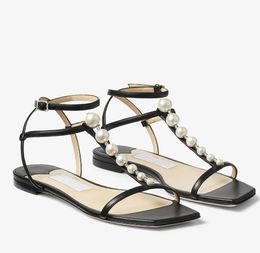 Amari Sandali Scarpe Donna Piatto Nero Bianco Nappa con Perle Lady Party Wedding Eccellente Walking EU35-43