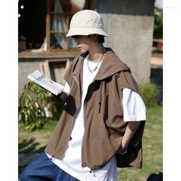 Men's Casual Shirts Japan Style Cargo Men Hooded Camisas Masculina Solid Half Sleeve Oversize Tops High Street Chemise Homme Ropa