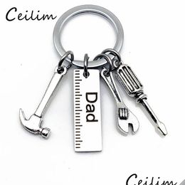 Key Rings Personalized Diy Stainless Steel Keychain Engraved Dad Papa Grandpa Hammer Screwdriver Wrench Tools Fathers Day Drop Deliv Dhlgq