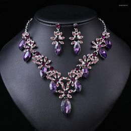 Necklace Earrings Set Luxury Purple Rhinestone Leaf Bridal Women Crystal Flowers Choker Wedding Dress Dubai Jewellery