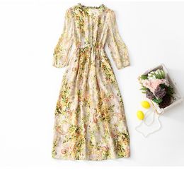 Summer Multicolor Floral Print Beaded Silk Dress 3/4 Sleeve V-Neck Belted Midi Casual Dresses C3A255052