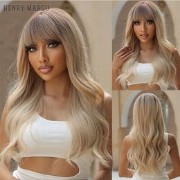 Long Wavy Brown Blonde Ombre Synthetic Wigs with Bangs Natural Wave Wigs for Women Cosplay Hair Heat Resistantfactory direct