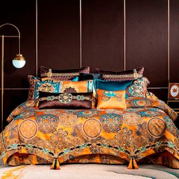 Bedding sets Chic Home 4 6 10Pcs Place Faux Silk Luxury Large Jacquard with Embroidery Golden set Duvet Cover Bedspread Bed Sheet 230609