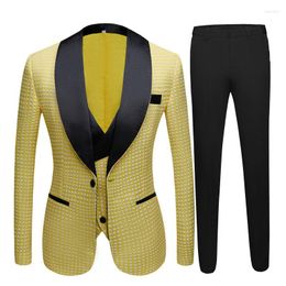 Men's Suits Elegant 3 Piece Men Suit 2023 Yellow Dots White Shawl Lapel Formal Groom Wedding For Blazer Slim Fit Man Tuxedo