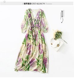 Summer Multicolor Floral Print Panelled Silk Dress 3/4 Sleeve V-Neck Buttons Midi Casual Dresses C3A255073