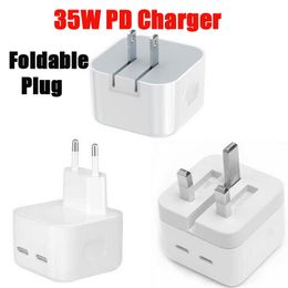 Dual USB 35W GaN Fast Wall Charger Metal Power Adapter 2 Port Foldable Quick Charging For iPhone 14 13 Pro Max Samsung Android Smart Phone Earphones Travel Home Apple