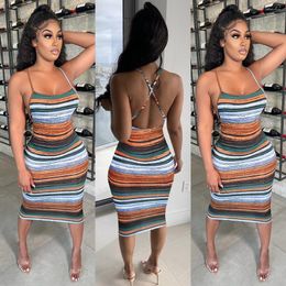 Casual Dresses 2023 Striped Party Sexy Night Club Dress Women Sleeveless Backless Birthday Cocktail Short Midi