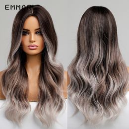 Synthetic Long Wavy Hair Wig Ombre Black to Silver Wigs for Women Natural Middle Part Heat Resistant Hair Cosplay Wigsfactory