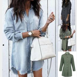 New Casual Dresses Summer Y2k Women Denim Shirt Dress Vintage Blue Jean Blouses Long Sleeve Ladies Tops Blouse Femme Mini Short Dresses