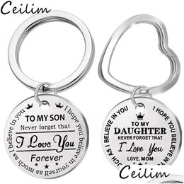Key Rings To My Son Stainless Steel Keychain Engraved Daughter Love Mom Keyring Heart Chains Charm Pendant Jewellery Gift Drop Delivery Dhdtq