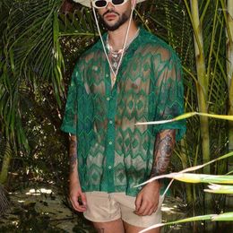 Men's Casual Shirts Green Hollow Lace For Men Beach Wear Short Sleeve Transparent Sexy Blouses Man Summer Holiday Mens Designer Clothes Tops