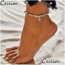 Chain Handmade Shell Pendant Anklet Beads Starfish For Women Antique Sier Colour Vintage Sandal Statement Bracelet Foot Boho Drop Del Dha8C