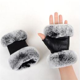 Outdoor autumn and winter women's sheepskin gloves Rex rabbit fur mouth half-cut computer typing foreign trade leather clothi267m