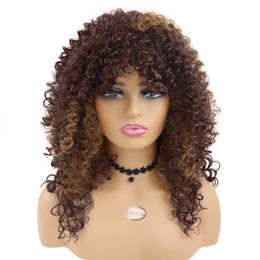 Synthetic Afro Curly Wigs for Black Women Short Mix Brown Wig Color Hairstyle Wig with Bangs High Temperature Daily Wigfactory