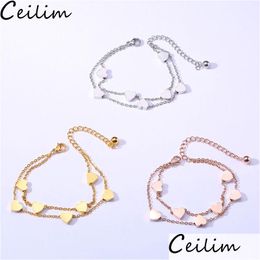 Chain New Simple Design Stainless Steel Charm Bracelet 2 Layers Rose Gold Link Mini Hearts Lover Fashion Sweety Style For Drop Deliv Dhxzb