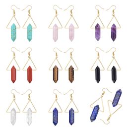 Dangle Drop Earrings for Women Girls Hexagonal Double Points Healing Crystal Quartz Gold Plated Triangle Ear Jewelry with Hook