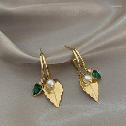 Dangle Earrings 2023 Gold Color Leaves Crystal Heart Pearl Pendant For Women Korea Huggies Hoop Jewelry Wholesale