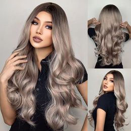 Long Wavy Gray Blonde Ash Synthetic Hair Wigs for Black Women Middle Part Ombre Wig Daily Cosplay Natural Hairfactory direct