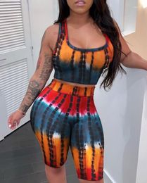 Women's Tracksuits Women's Shorts Set Summer 2023 Fashion Streetwear Tie Dye Print Sleeveless U-Neck Crop Top & High Waist Above