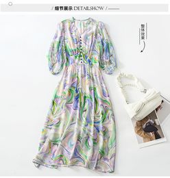 Summer Blue Striped Print Panelled Silk Dress 3/4 Sleeve V-Neck Buttons Midi Casual Dresses C3A250175