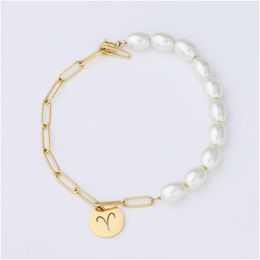 Chain Fashion Gold Coin Zodiac Sign Bracelet Link Pearl For Women Girls Jewelry Drop Delivery Bracelets Dhufi