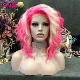 Lace Wigs Imstyle Pink Blonde Wig Short Synthetic Front Two Tone Heat Resistant Fibre Deep Wave For Women Cosplay 230609