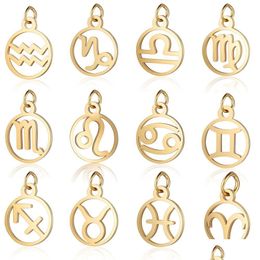 Charms 11Mm Stainless Steel Mini Gold 12 Zodiac Sign Diy Constellation For Women Jewellery Making 10Pcs /Lot Drop Delivery Findings Com Dhfji