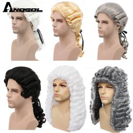 Hair pieces ANOGOL Synthetic Lawyer Cosplay Deluxe Long Grey White Black Judge Baroque Curly Male for Man Halloween Party 230609