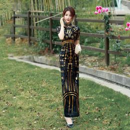 Ethnic Clothing Elegant Cheongsam Women Slim Sequins Velvet Qipao Evening Party Dress Vestidos Formal Occasion Women's Social