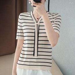 Women's T Shirts Pure Wool Cotton Short-sleeved Stripe Tee Summer Style Ladies Necktie O-neck Slim Pullover Vest Women's Knitted T-shirt