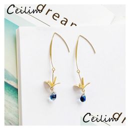 Dangle Chandelier Handmade Crystal Earrings Little Bird Blue Water Drop Long Earring With Paper Crane Charm Korean Fashion Wholesa Dhk4D