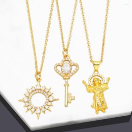 Pendant Necklaces FLOLA Gold Plated Heart Key For Women Copper Zircon Baby Jesus Lucky Crystal Jewelry Gifts Nkeb650