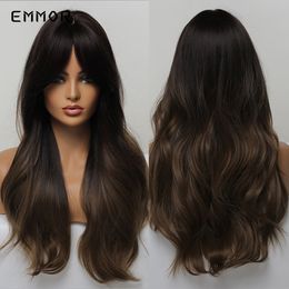 Synthetic Long Wavy Natural Ombre Brown to Dark Blonde With Bangs Wigs for Women High Temperature Fibre Body Wave Wigsfactory d