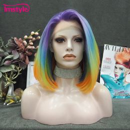 Lace Wigs Imstyle Short Bob Wig Colourful Synthetic Front Ombre Blue For Women Cosplay Party Heat Resistant Fibre 230609