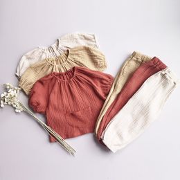 Pyjamas Kids Clothing Sets 2pcs Autumn Children Suit Fall Solid Boys Girls Long Sleeve Tops Trousers Linen Cotton Outfits 230609
