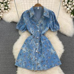 Party Dresses Women Sweet Floral Print Denim Dress Summer V-neck Puff Sleeve Single Breasted A-line FemalSlim Short Lapel Vestidos